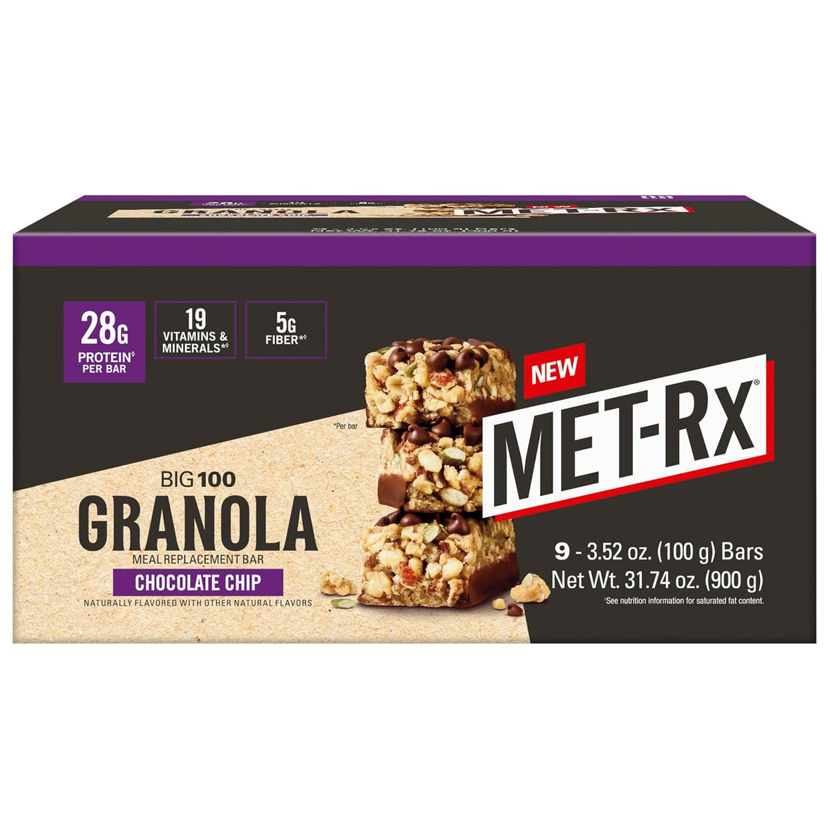 MET-Rx Big 100 Granola Protein Bar, 28 G Protein, Chocolate Chip, Pack of 9
