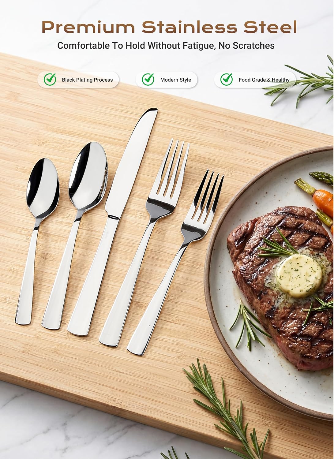 45-Piece Stainless Steel Silverware Set for 8, Dishwasher Safe | For Home, Restaurant & Travel, Heavy-Duty 45pc Set, Includes 8 Steak Knives, Mirror-Polished & Rust-Proof, Ergonomic Design