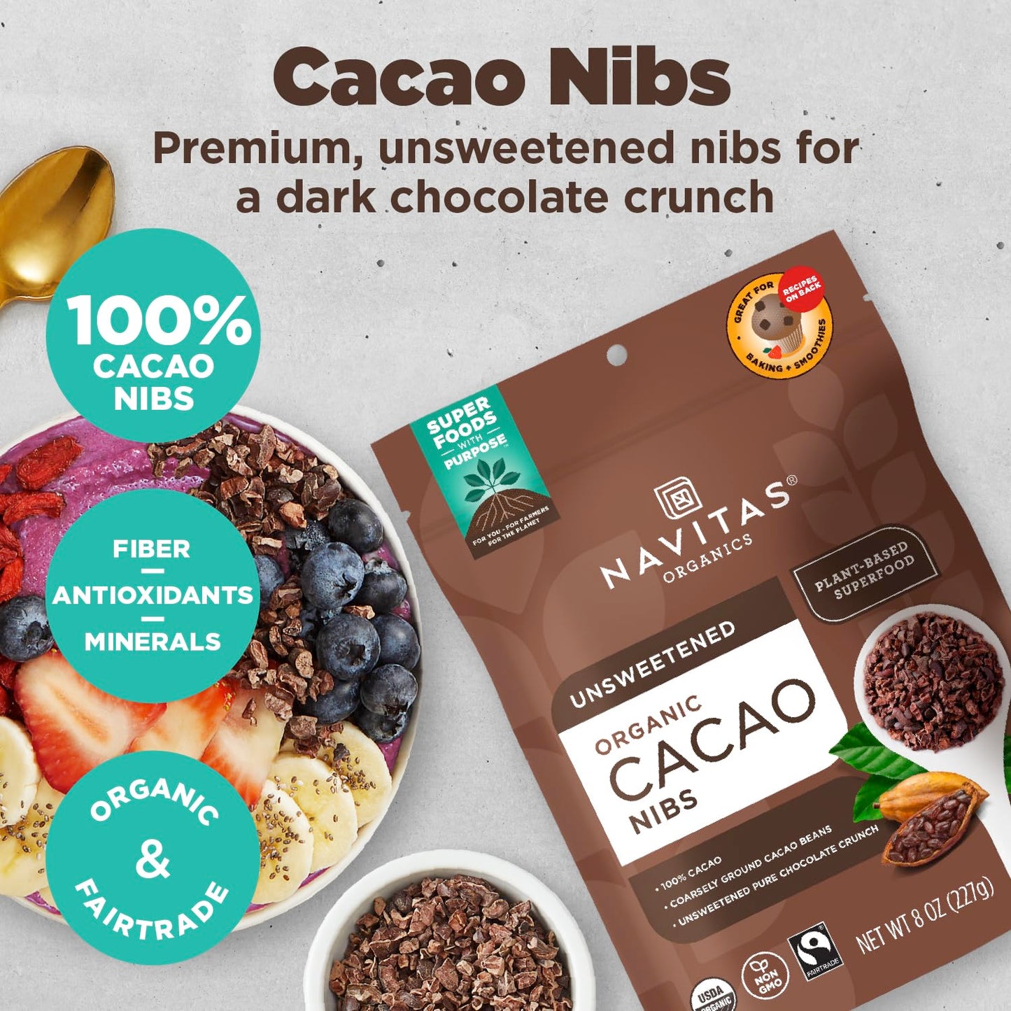 Navitas Organics Cacao Nibs – Unsweetened Dark Chocolate Crunch – Antioxidants, Minerals, Fiber – For Trail Mix, Baking & More – USDA Organic, Fairtrade, Non GMO, Gluten Free, Non-alkalized (16oz. Bag 151 Servings)