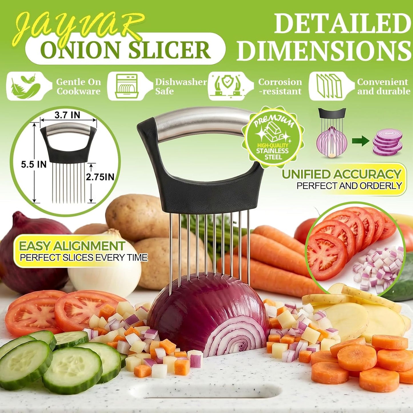 JAYVAR Onion Holder for Slicing, 304 Stainless Steel | 10 Long Needles, Vegetable Chopper, Food Slicing Guide, Multi-Purpose Cutter for Tomato Potato