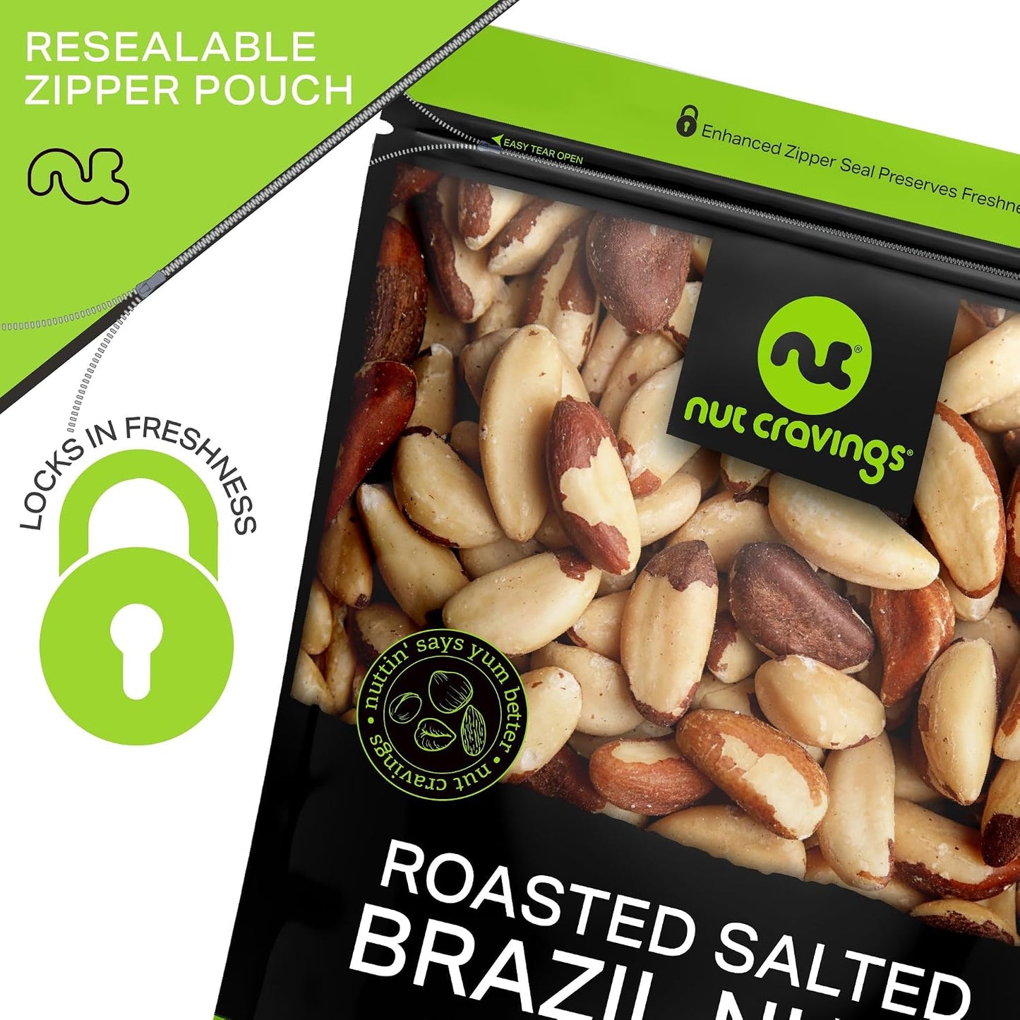 Brazil Nuts Roasted and Salted, No Shell, Whole, 16oz, Packed Fresh in Resealable Bag