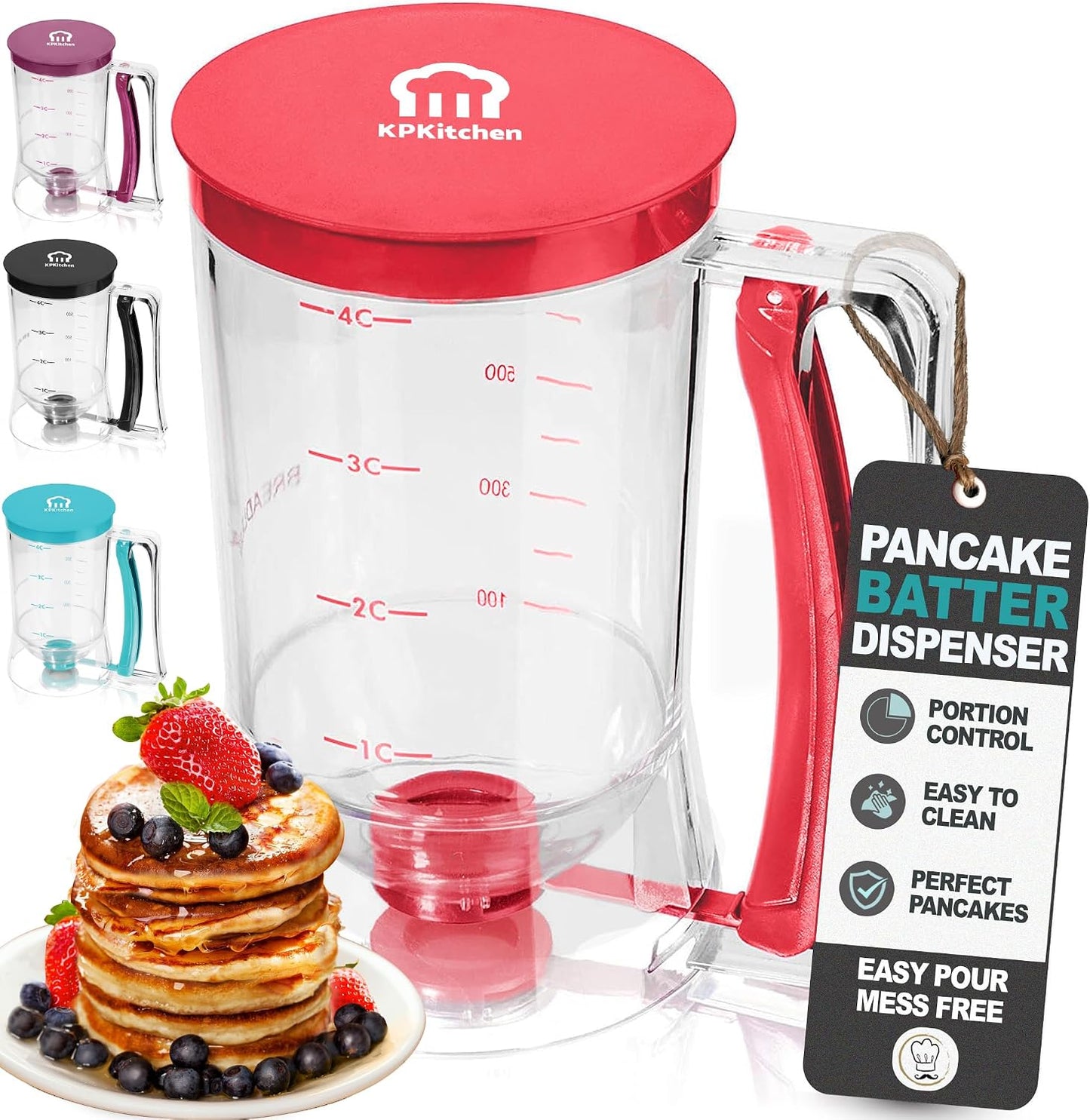 KPKitchen Pancake Batter Dispenser - Kitchen Must Have Tool for Perfect Pancakes, Cupcake, Waffle, Muffin Mix, Cake & Crepe - Baking Supplies for Griddle - Pancake Maker with Measuring Label (Purple)