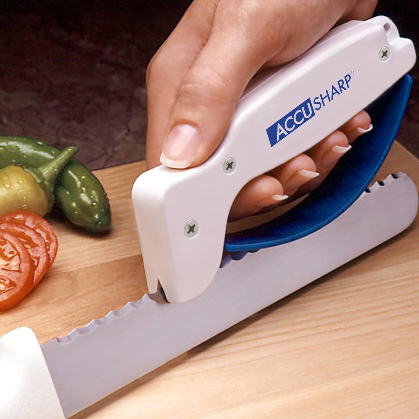 AccuSharp Knife Sharpener, Ergonomic Comfortable Handle, Compact & Easy to Use, Restore and Hone Straight & Serrated Knives, White