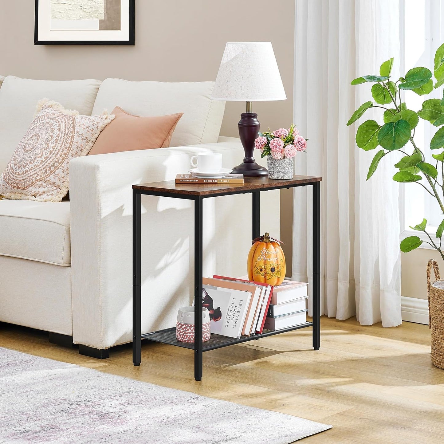 Hoctieon 2 Tier End Table, Sofa Side Table, Narrow Side Table with Storage, Slim Nightstand for Small Spaces, Metal Frame, for Living Room, Bedroom, Sofa Couch, Hall, Rustic Brown