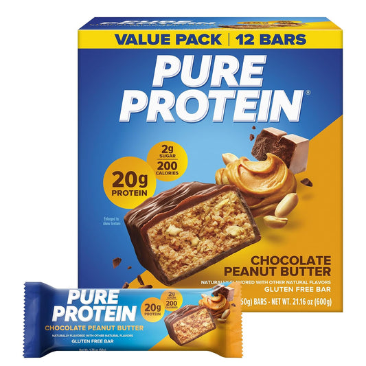 Pure Protein Chocolate Peanut Butter Bars, 20g Protein, 3g Sugar, 190 Calories, 12 Count, Gluten Free