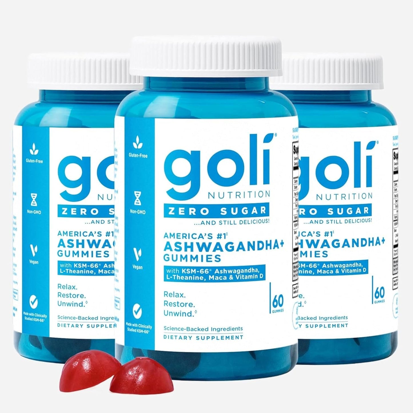 Goli Zero Sugar Ashwagandha Gummies with KSM-66, L-Theanine, Maca and Vitamin D - No Sugar Alcohols - Vegan, Keto-Friendly, Non-GMO