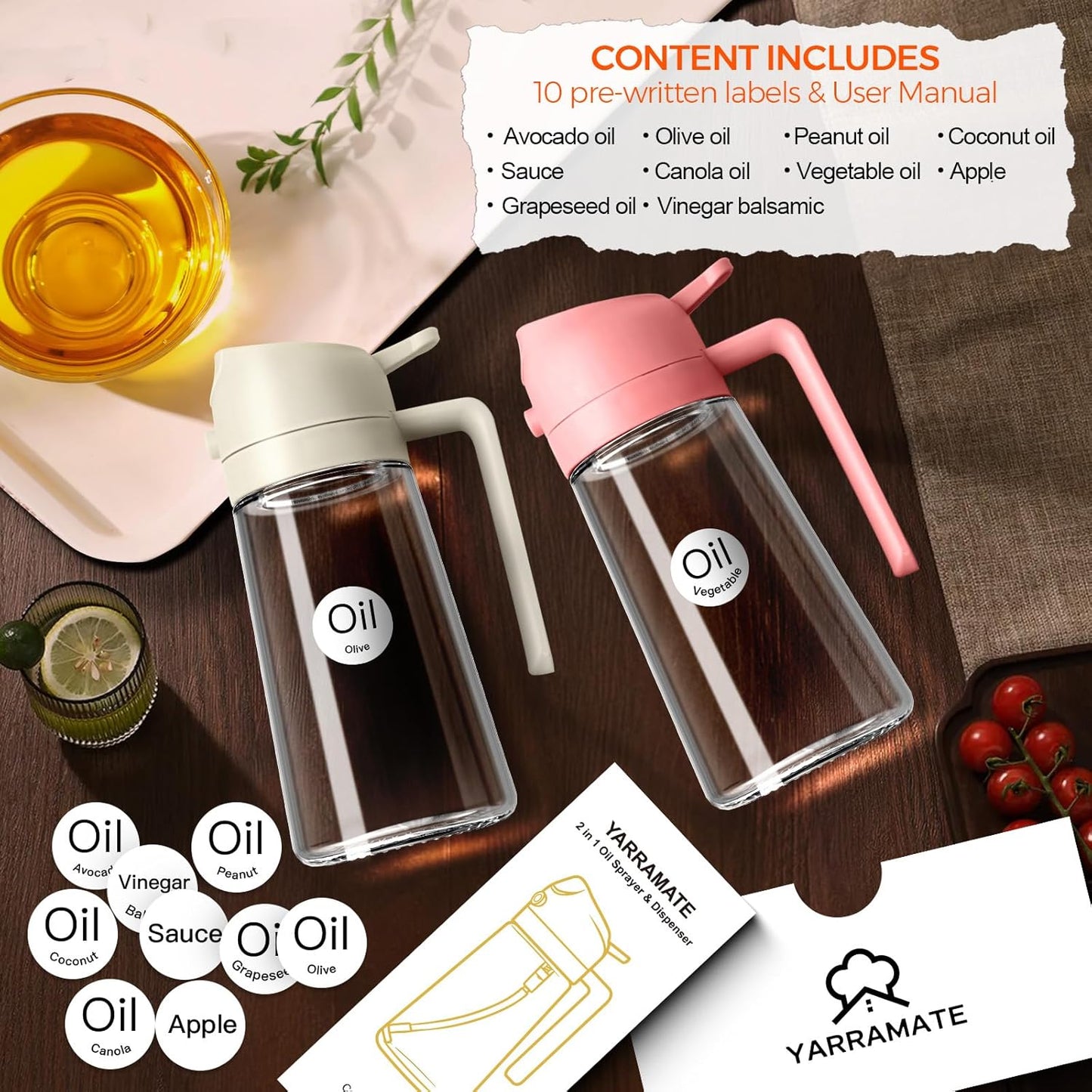 YARRAMATE 16 oz 2-in-1 Glass Olive Oil Sprayer for Cooking, Creamy White | Food-grade dispenser bottle, 470 ml, spray and pour, portion control, stickers included, for salad, frying and BBQ