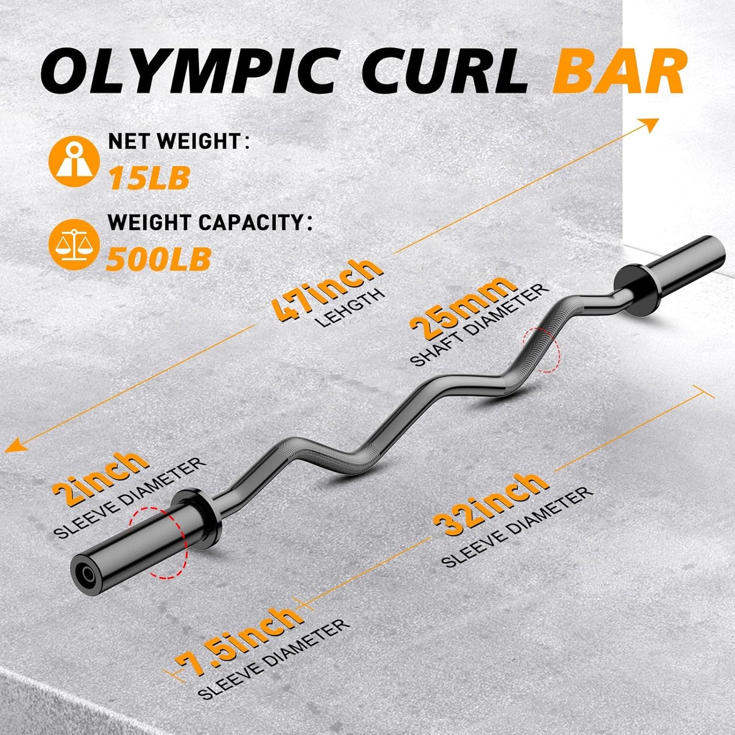 Olympic EZ Curl Barbell Bar - 47" Chrome Curling Bar for Weight Lifting, Squats, Biceps (500lb Capacity)
