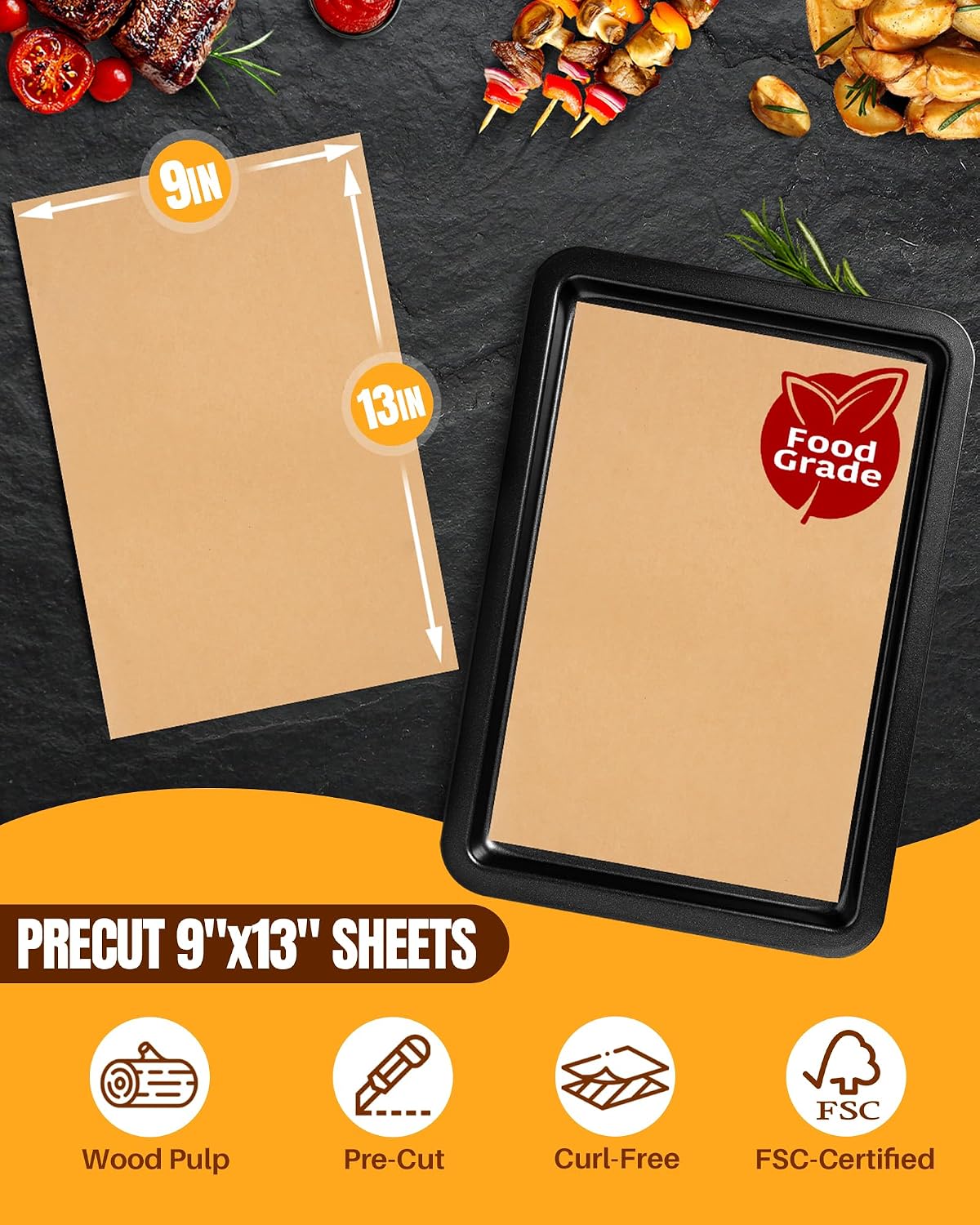 140 Parchment Paper Sheets 9x13 Inch | Precut Unbleached Baking Paper Sheets for Oven, Air Fryer, Cookies, Bread, Pizza | Non-Stick, Greaseproof Liners | Natural Brown Parchment for Baking