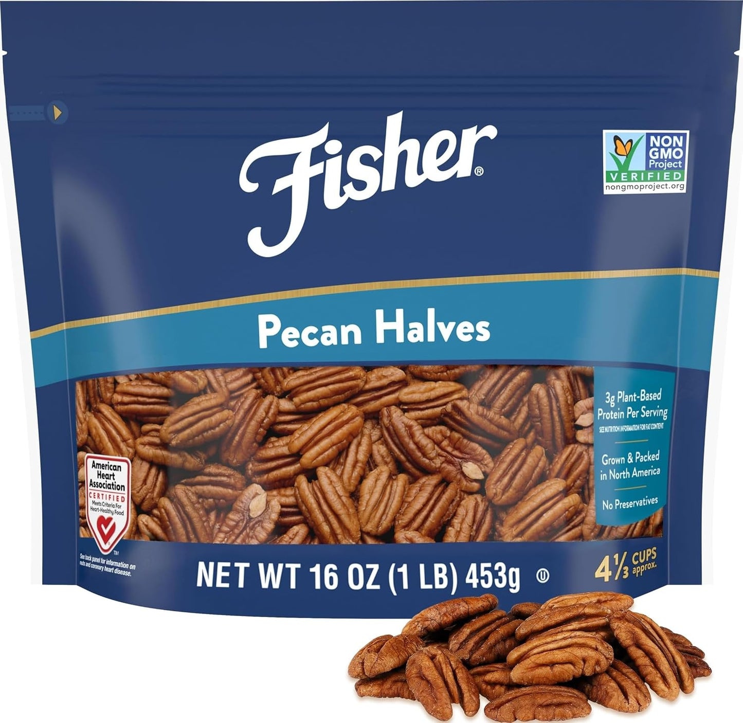Fisher Chef's Naturals Pecan Halves 24 oz Resealable Bag, Unsalted Raw Nuts
