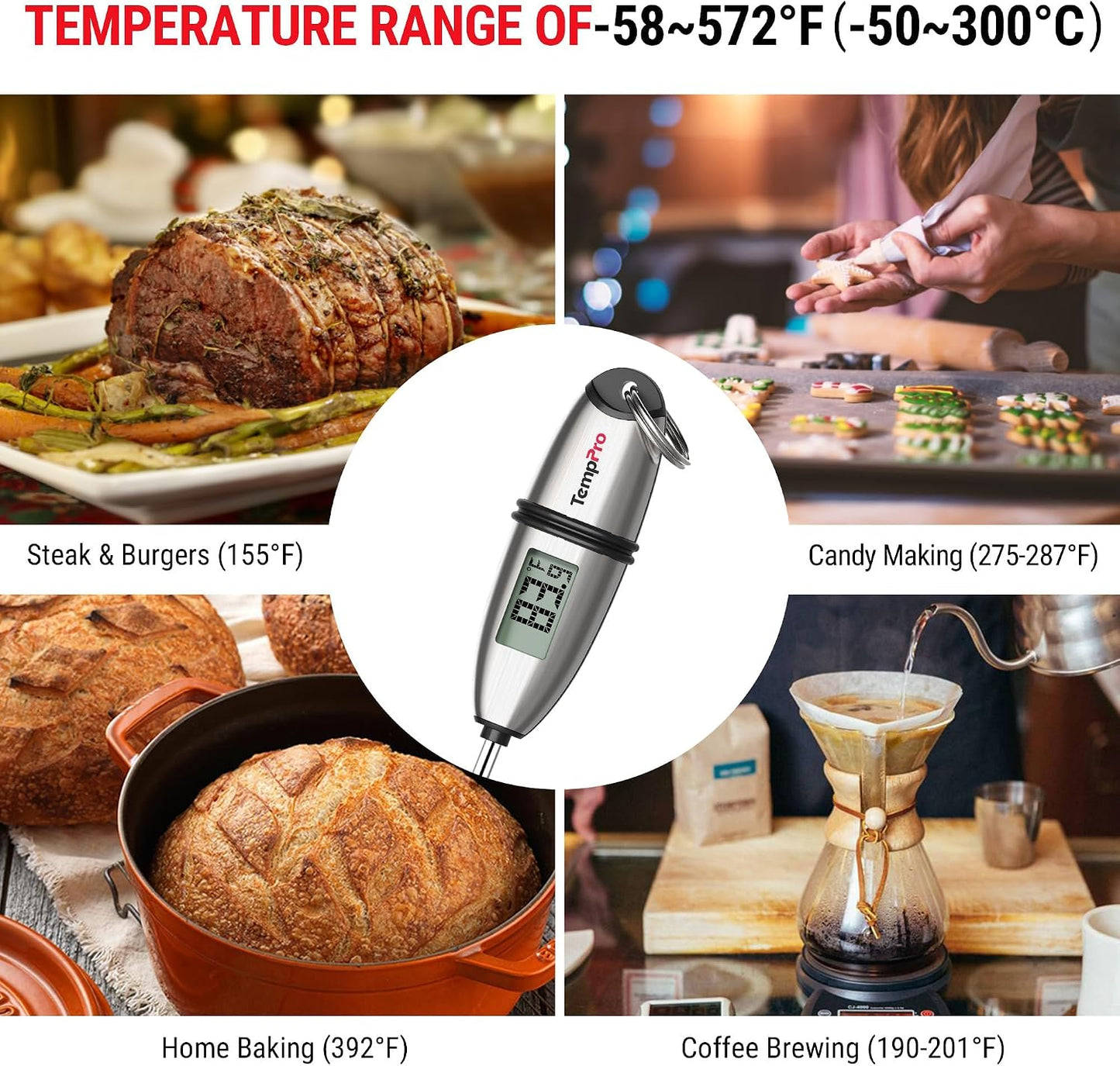 TempPro TempSwift 1 Sec Digital Food Thermometer for Kitchen Cooking | Meat Thermometer Digital, 5.3 inches Super Long Probe, Bread Baking Sourdough Liquids Candy Making Accessories Gift