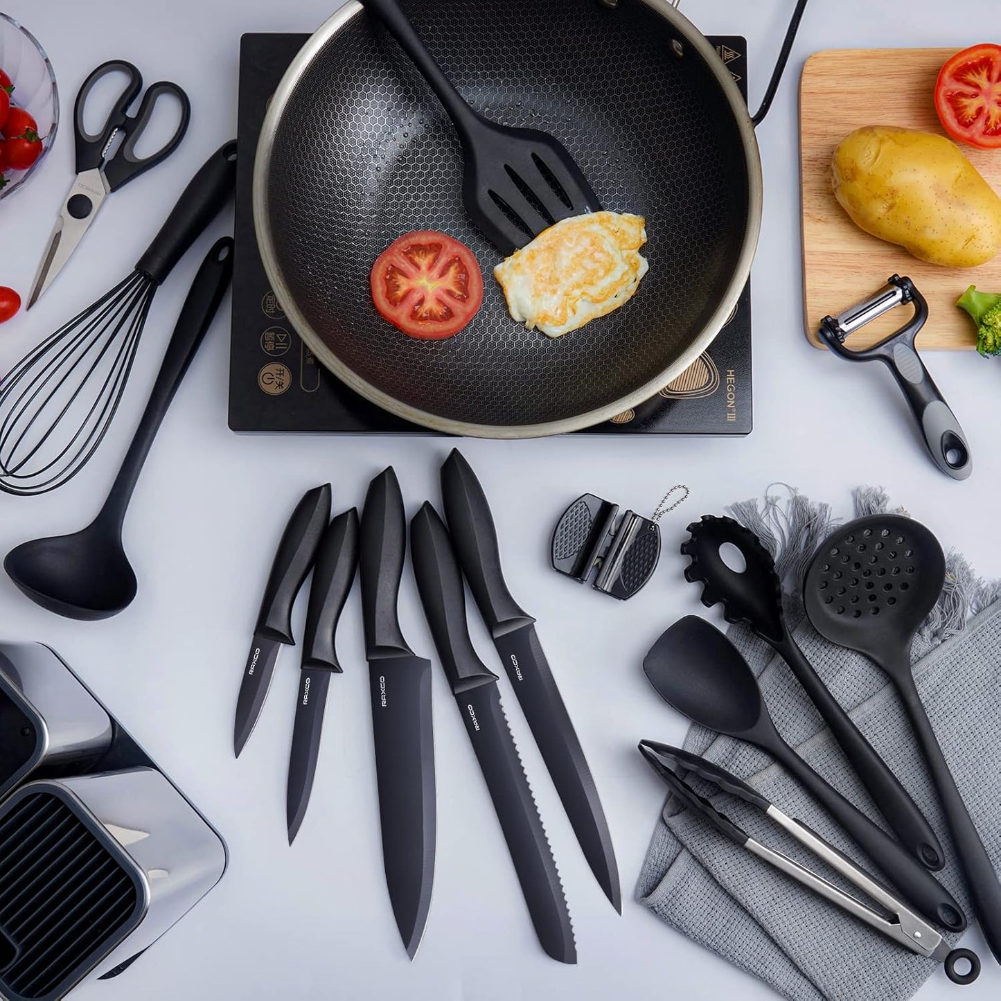 RAXCO Kitchen Utensils Set,18-Piece Cooking Utensils and Knife Set,Black | Food-grade Silicone Heat-safe to 410°F, Detachable Stainless Steel Holder, 5 Kitchen Knives and Cutting Board All-in-one
