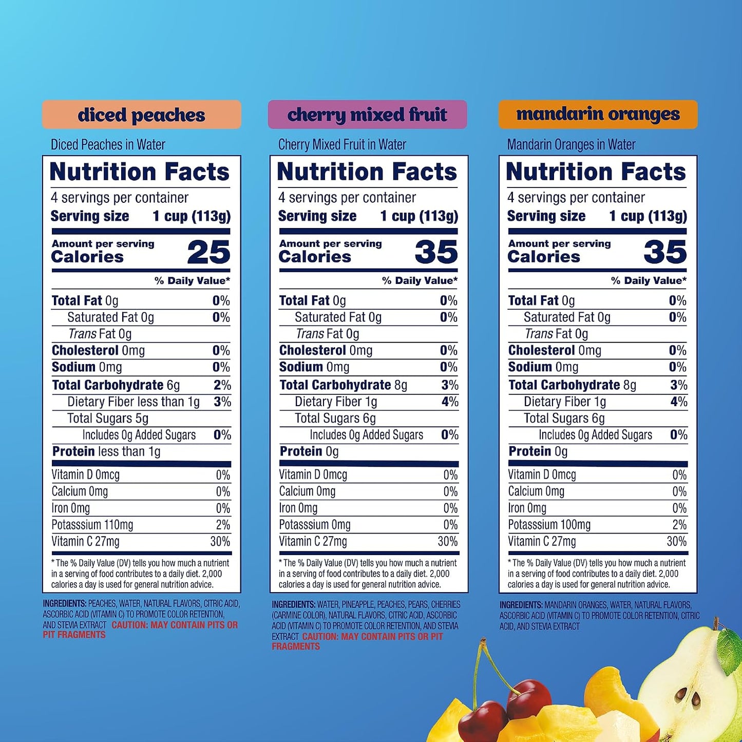 Dole Diced Peaches, Mandarin Oranges, and Cherry Mixed Fruit Variety Pack, 12 Pack, 4 oz Bowls
