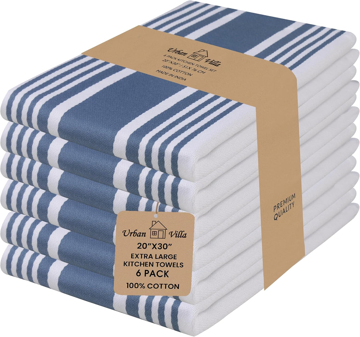 Urban Villa Kitchen Towels 100% Cotton Dish Towels for Kitchen (Set of 6) 20”x30” Dish Cloths Highly Absorbent Kitchen Linen Set with Hanging Loop Perfect for Drying Dishes Cleaning Towels-Blue White