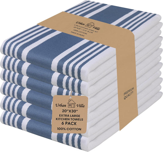 Urban Villa Kitchen Towels 100% Cotton Dish Towels for Kitchen (Set of 6) 20”x30” Dish Cloths Highly Absorbent Kitchen Linen Set with Hanging Loop Perfect for Drying Dishes Cleaning Towels-Blue White