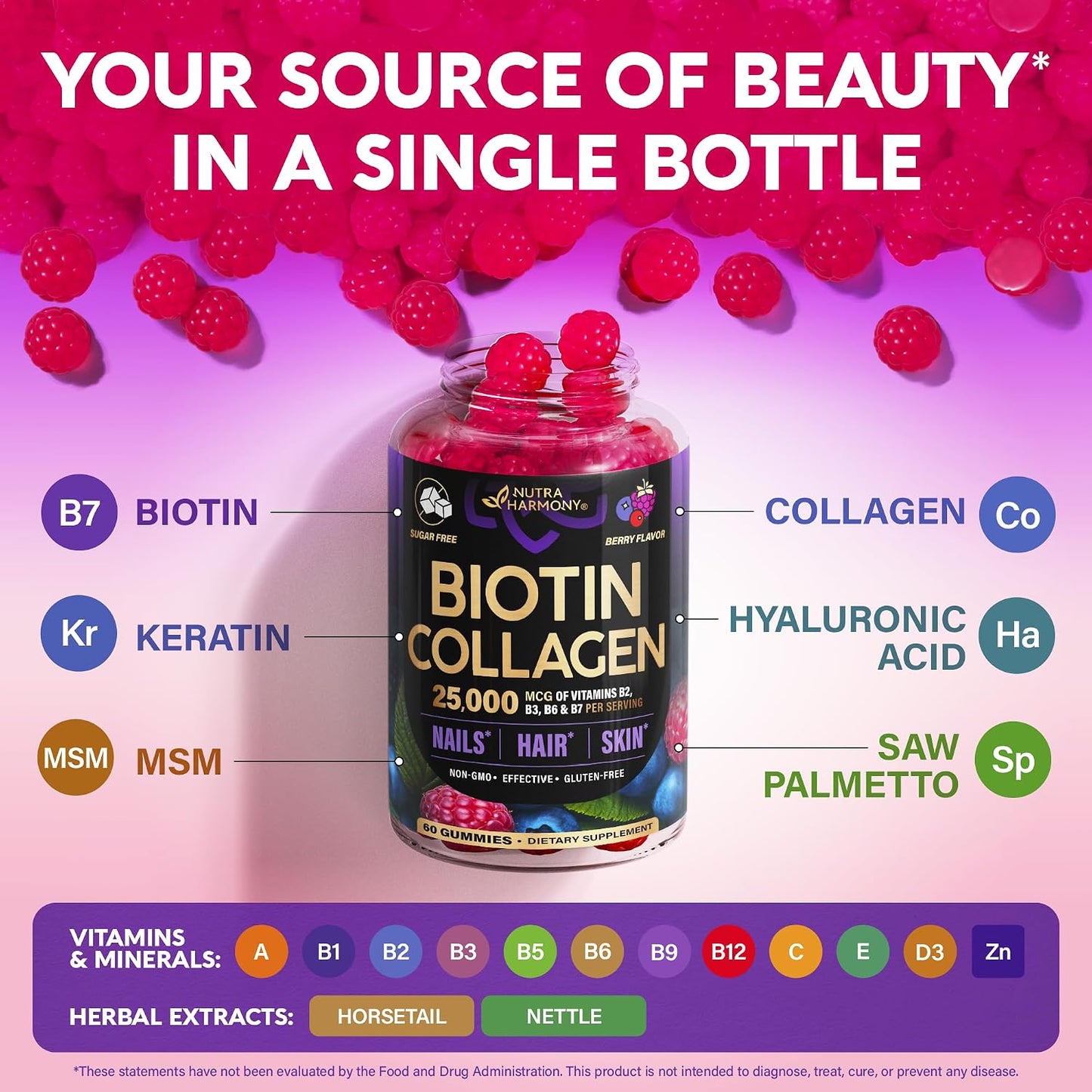 Biotin Gummies with Collagen - Hair Growth Support, Skin, & Nail Strength - for Women & Men - Biotin 10000mcg | Keratin | Hyaluronic Acid | B-Complex | Nettle - Sugar-Free, Mixed Berry, 60 Gummies
