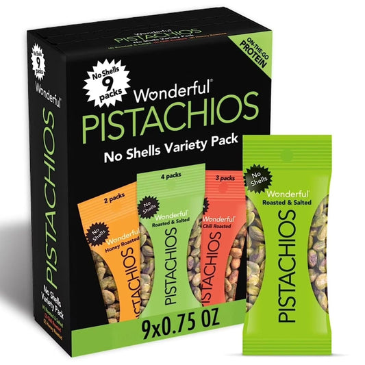 Wonderful No Shells Pistachios 3 Flavors Variety Pack Roasted Salted Chili Honey 9 x 0.75 Ounce Gluten Free Healthy Snacks