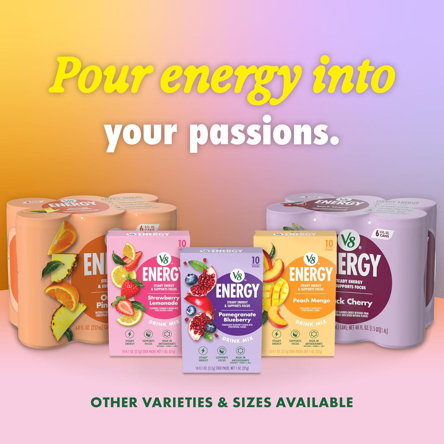 V8 Energy Orange Pineapple Drink, 8oz Cans, 6-Pack, Caffeine, B Vitamins