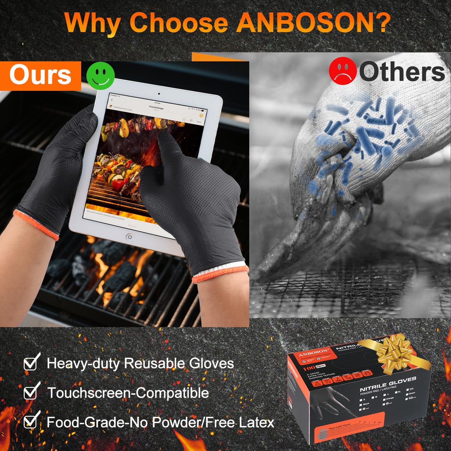 ANBOSON BBQ Gloves Disposable, Heat Resistant Grilling Gloves for Cooking | 10Mil Heavy Duty Nitrile Gloves-100Ct &4 Cotton Liners for Meat Handling Smoker for Hot Food Prep,Non-Slip Grip,Large,Black