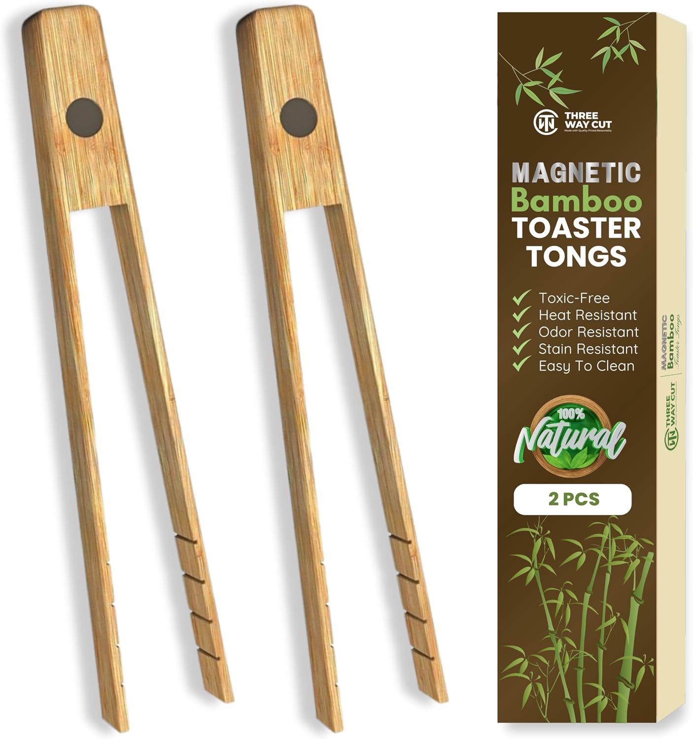 Toaster Tongs With Magnet | Kitchen Utensils For Cooking and Holding Toast Bacon Muffin Bagel Bread | 8 Inch Long Natural Non Toxic Bamboo
