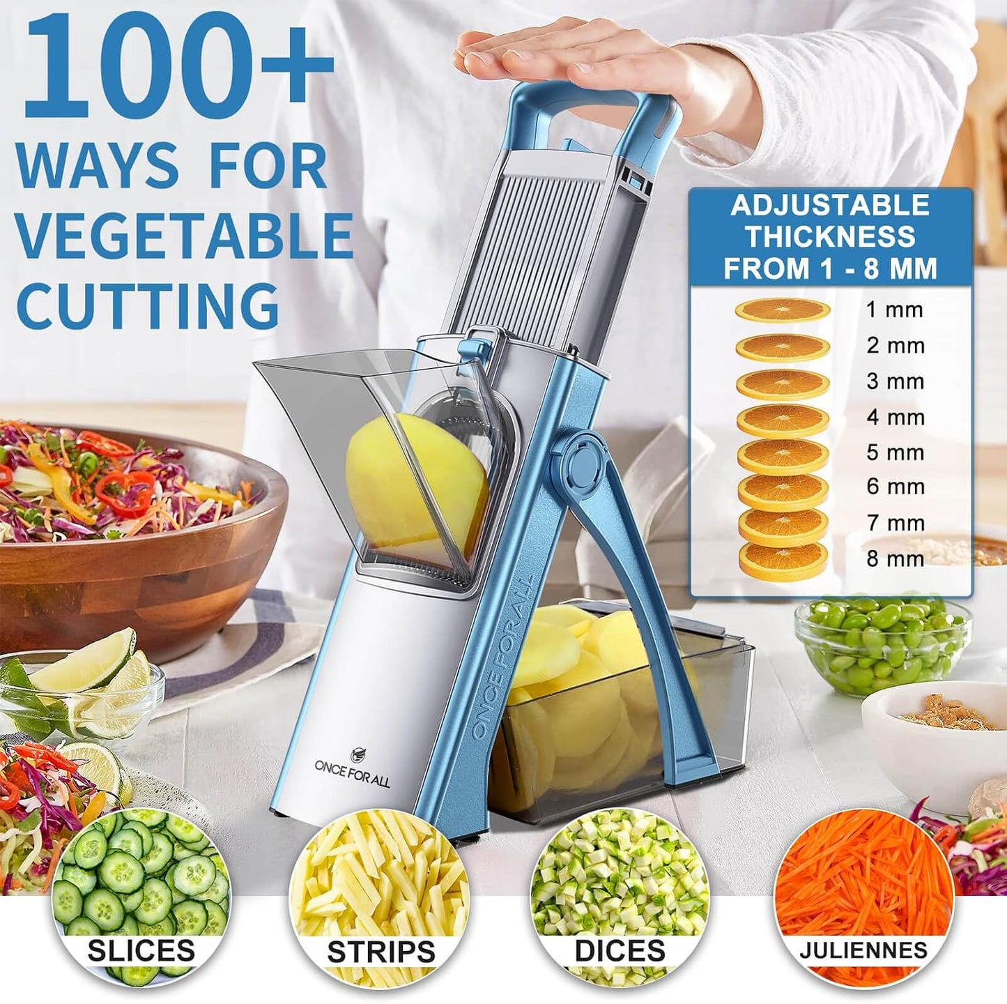 ONCE FOR ALL Upgrade Safe Mandoline Slicer Plus, Bigger Size, SkyBlue | 0.1-8mm Adjustable Vegetable Food Chopper, Potato Fries Cutter, Detachable Blade, Stainless Steel, Dishwasher-safe, Gift