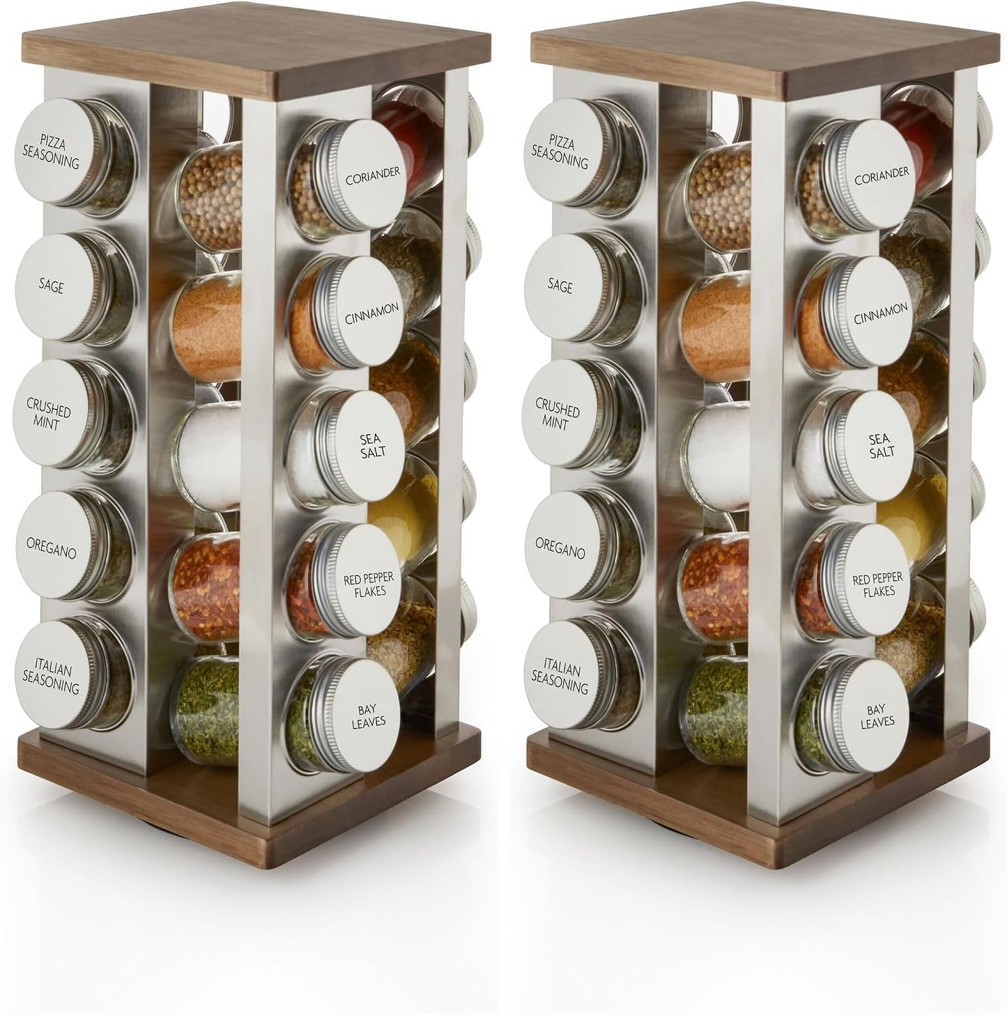 Kamenstein 20 Jar Revolving Countertop Spice Rack with Spices Included, FREE Spice Refills for 5 Years, Polished Stainless Steel with Black Caps, 30020