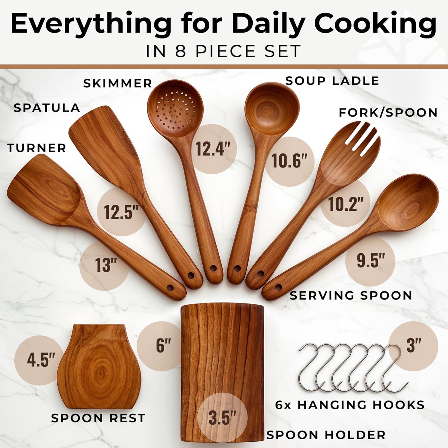 Wooden Utensil Set, 8 Pcs Teak Wooden Spoons for Cooking with Holder | Includes Spatula, Turner, Ladle, Skimmer, Spoon Rest & 6 Hooks – Sturdy, Non-Scratch, Easy to Clean