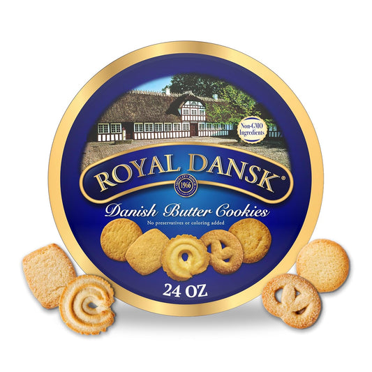 Royal Dansk Danish Butter Cookies, assorted Christmas gift tin, 24 oz, premium quality, reusable tin