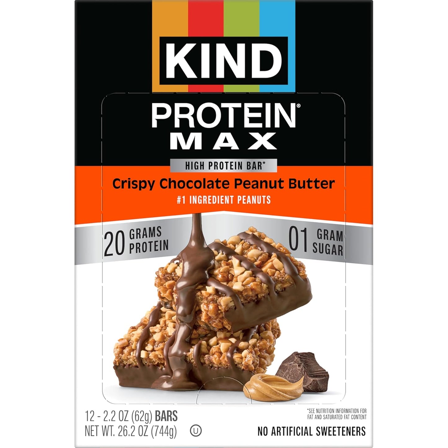 KIND Protein MAX Crispy Chocolate Peanut Butter Snack Bars, 12 Count Box, 20g Protein, Keto Friendly