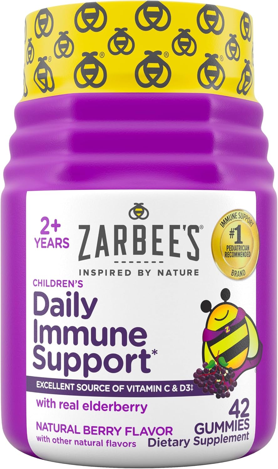 Zarbee’s Elderberry Gummies for Kids, Immune Support Supplement with Vitamins A, C, D3, E, & Zinc, Gluten & Gelatin Free, No Artificial Flavors, Natural Berry Flavor, Ages 2+, 42 ct