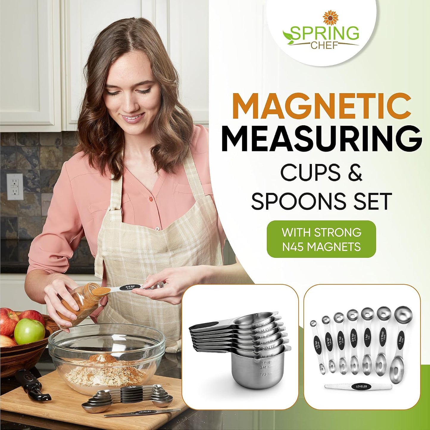 Spring Chef Magnetic Measuring Cups & Spoons Set of 15, Patented, Black | Stackable Stainless Steel Measuring Cups & Heavy Duty Metal Measuring Spoons with Levelers for Dry & Liquid Ingredients
