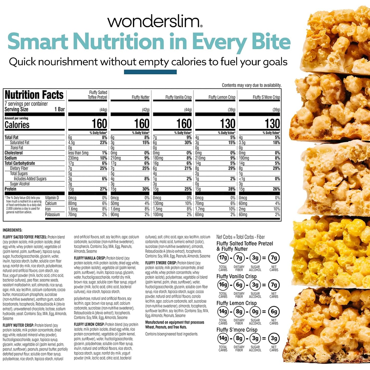 Wonderslim High Fiber Protein Bars Variety Pack 15g Protein 8g Fiber Low Sugar Low Carb