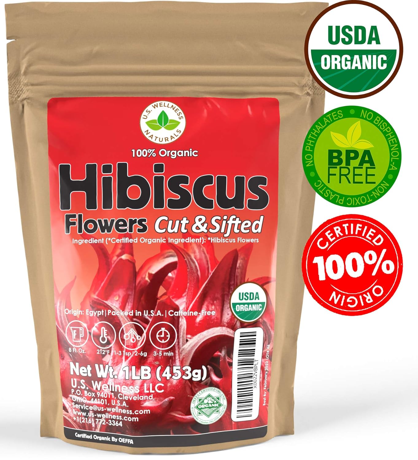 100% Certified Organic Hibiscus Flowers Herbal Tea, 1LB, Caffeine Free, Bulk Resealable Bag