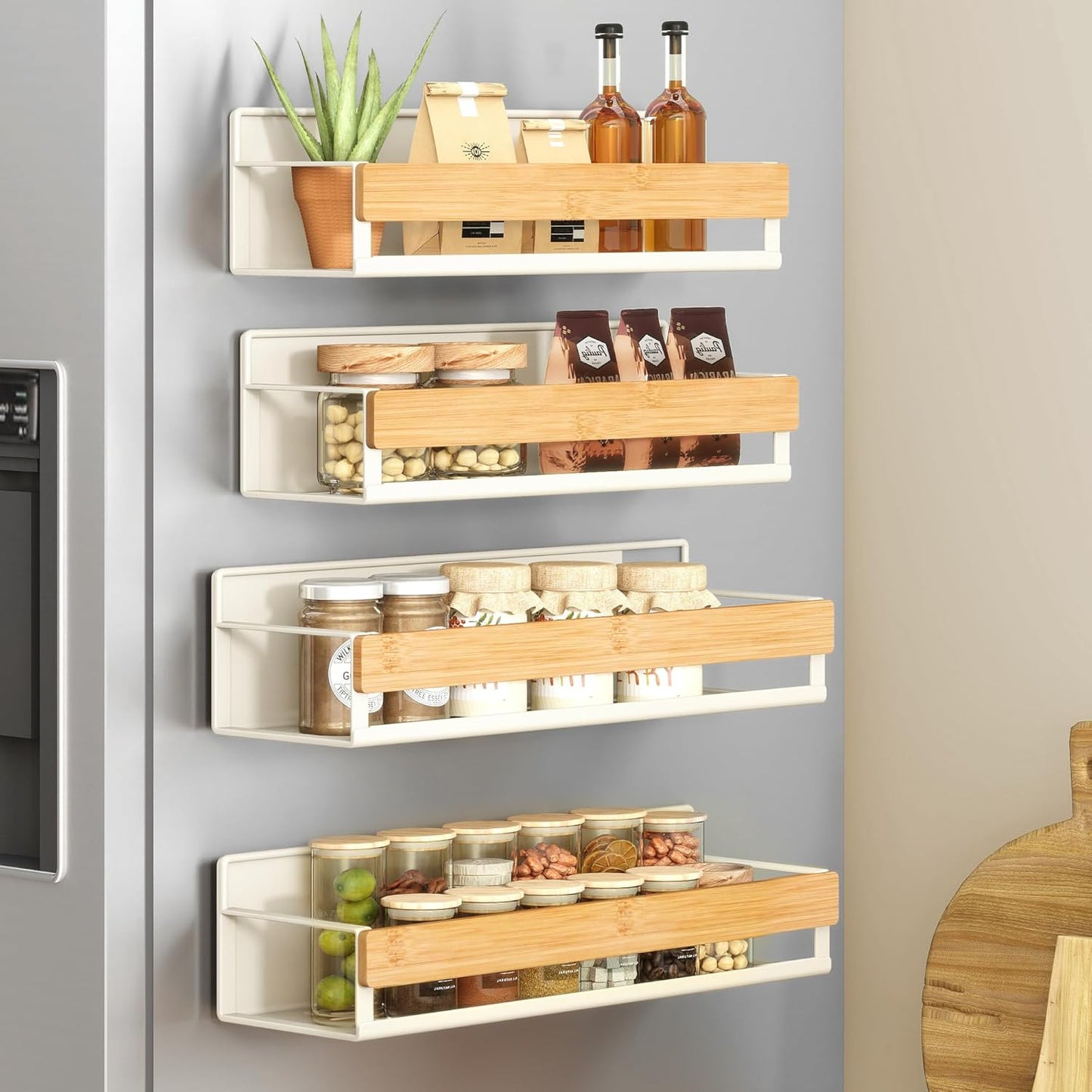 SONGMICS 4-Pack Strong Magnetic Real Bamboo Spice Racks for Fridge | Kitchen Magnetic Shelves for Washing Machine, Spice Organizers, No Drilling Needed, Ink Black UKCS062BH01