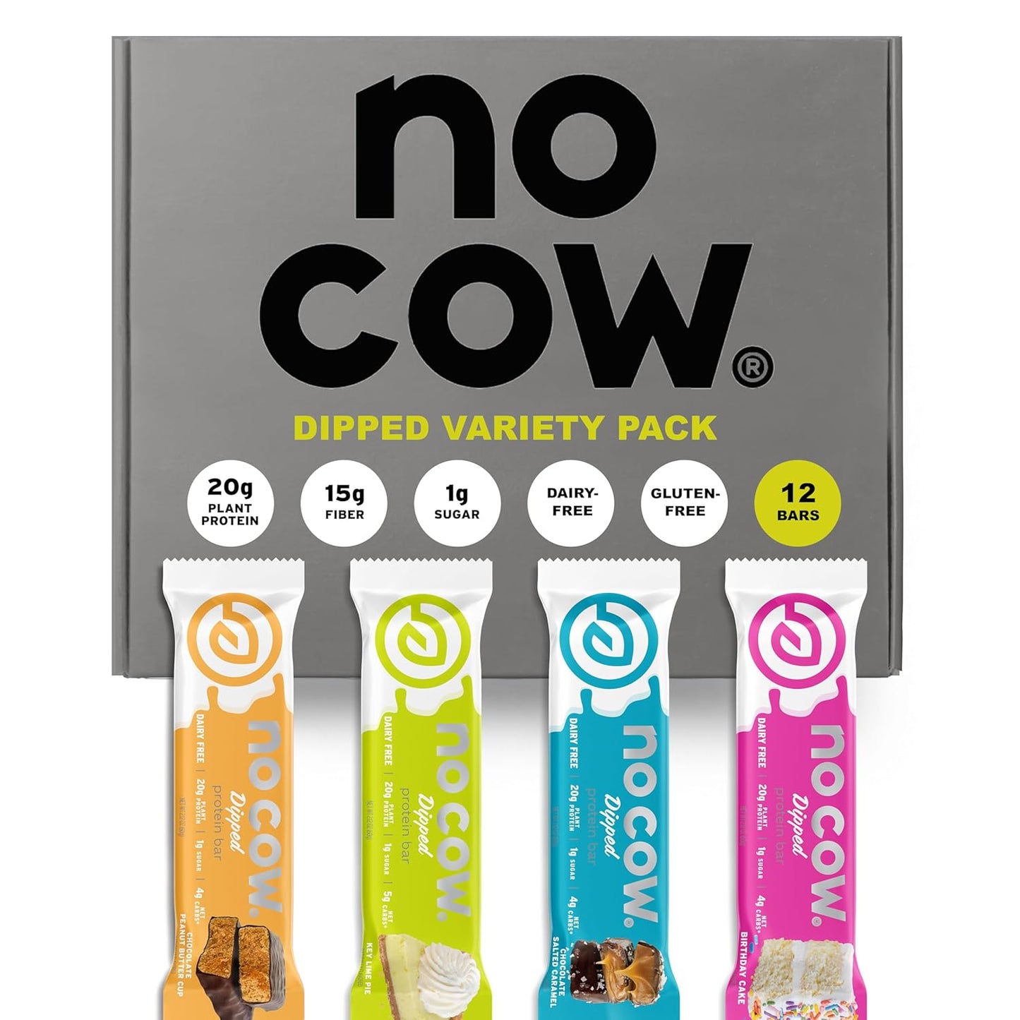No Cow Vegan Protein Bar Sampler Pack, 20g Plant Based Protein, Gluten Free, Dairy Free