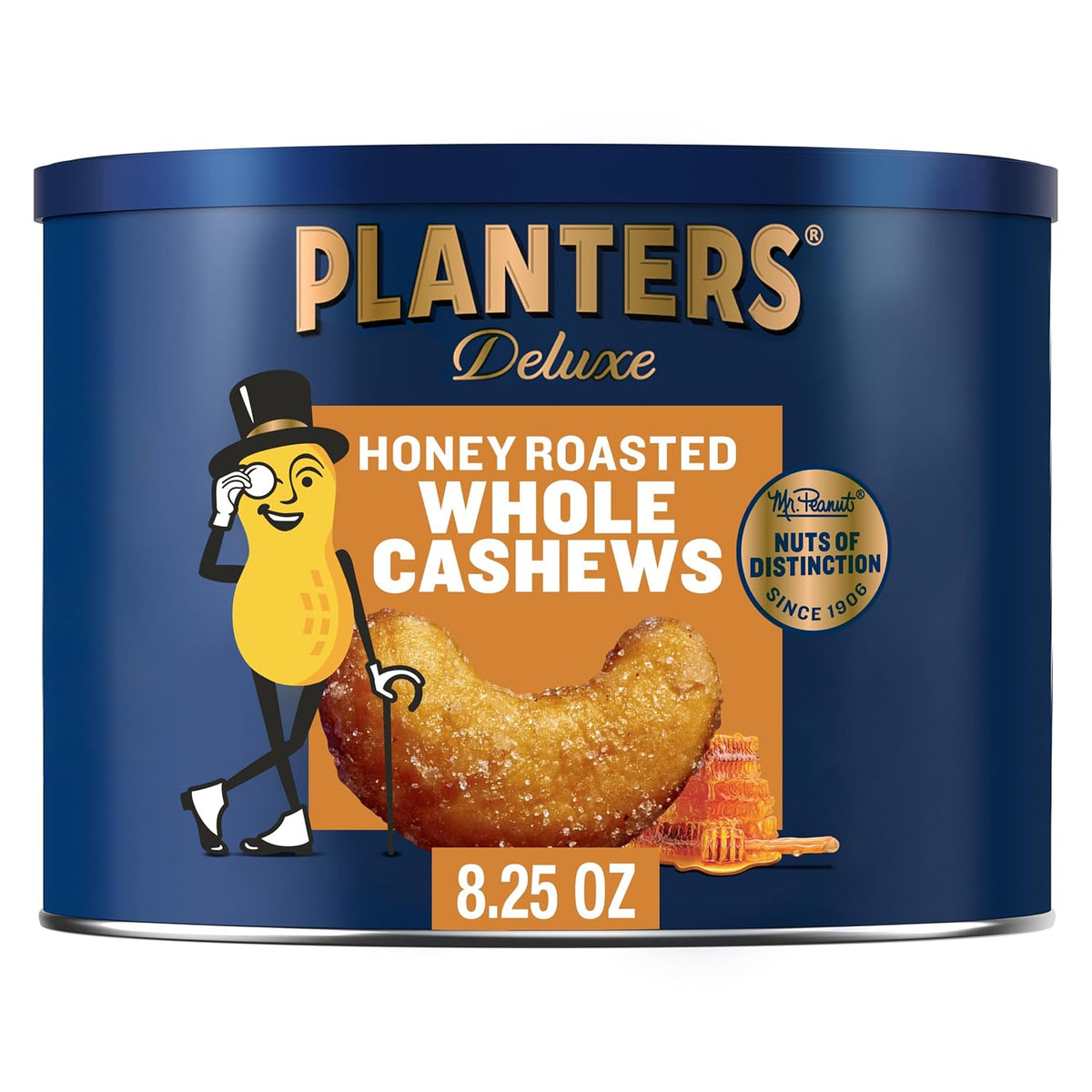 PLANTERS Deluxe Honey Roasted Whole Cashews: Sweet & Salty Snack, Plant-Based Protein, Crunchy Texture, Resealable Canister