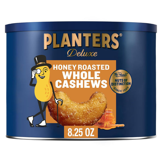 PLANTERS Deluxe Honey Roasted Whole Cashews: Sweet & Salty Snack, Plant-Based Protein, Crunchy Texture, Resealable Canister