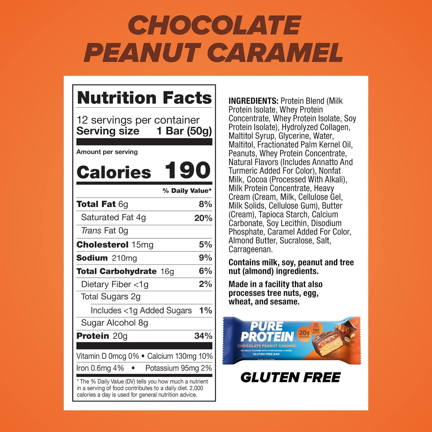 Pure Protein Chocolate Peanut Caramel Bars - 20g Protein, 3g Sugar, 190 Calories, 12 Count, Gluten Free