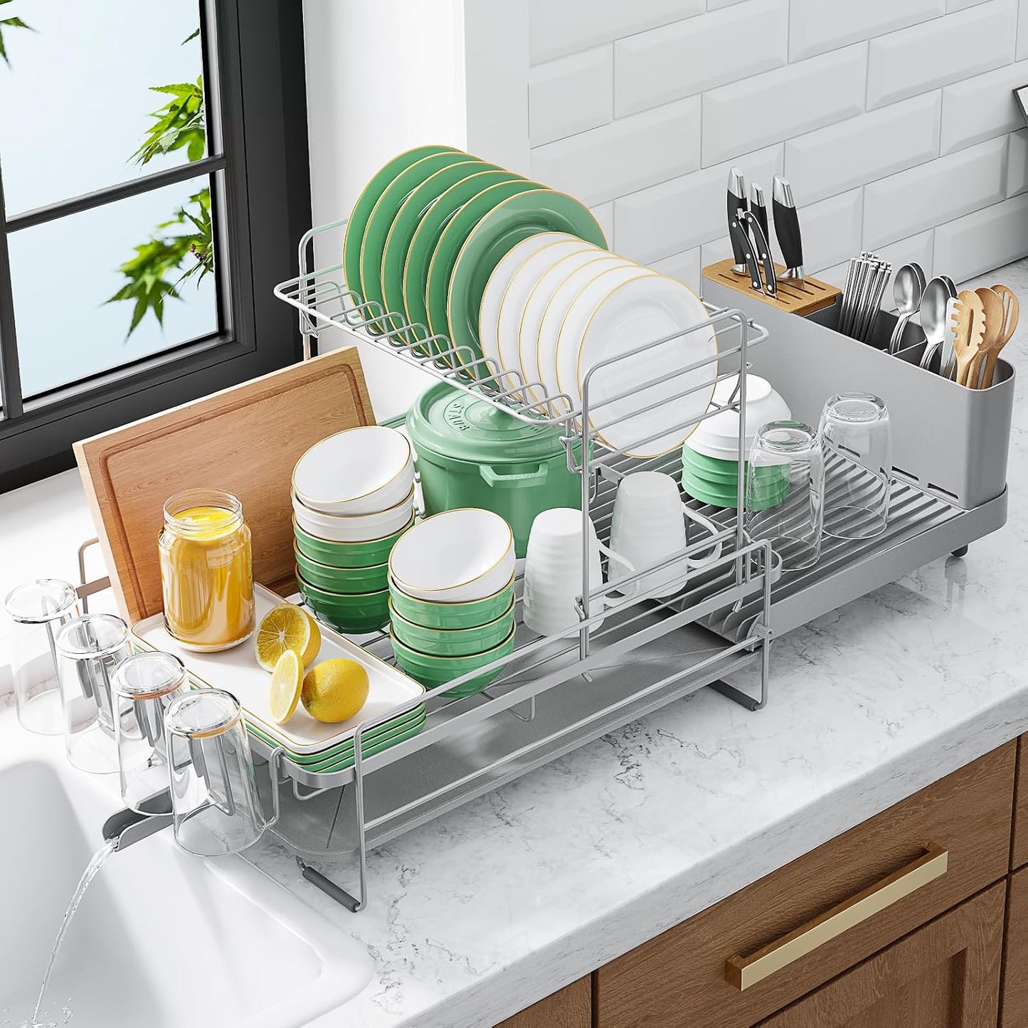 Kitsure Extendable Dish Drying Rack, 19.2"-26.7" L x 12.9" W, Black | Large Dish Rack, Multifunctional Dish Rack for Kitchen Counter, Anti-Rust Dish Drainers with Cutlery & Cup Holders