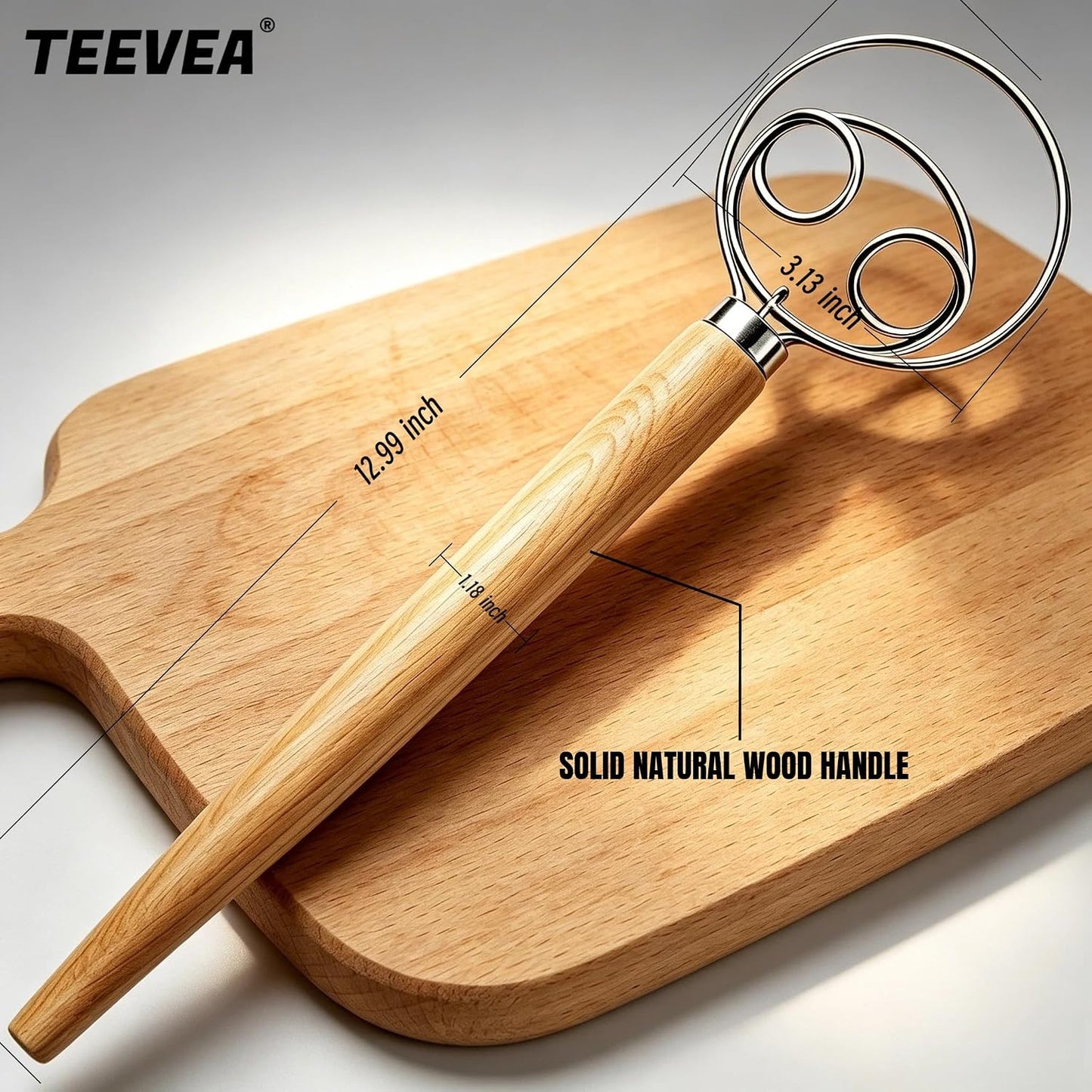 TEEVEA Danish Dough Whisk Stainless Steel Wooden Handle for Sourdough Bread | 4-Loop Food-Grade Steel Dutch Whisk, Even Mixing, Replaces Dough Hook and Mixing Spoon, Nonstick Easy Clean, Sourdough Mixer