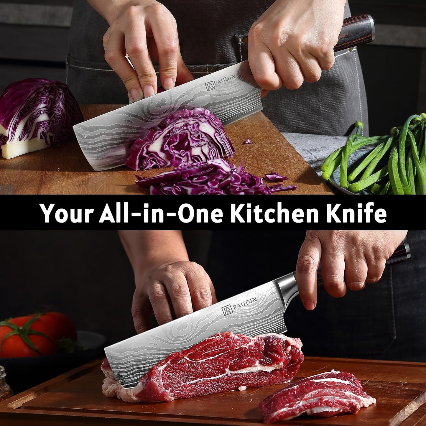 PAUDIN Nakiri Knife - 7" Razor Sharp Meat Cleaver and Vegetable Kitchen Knife, High Carbon Stainless Steel, Multipurpose Asian Chef Knife for Home and Kitchen with Ergonomic Handle