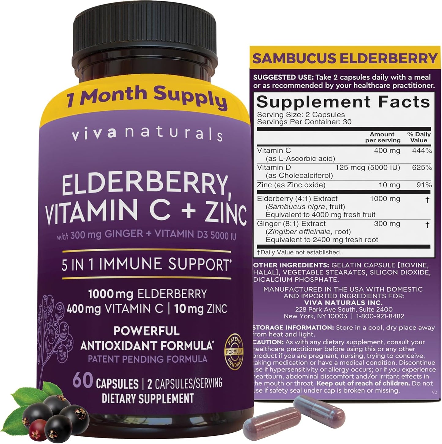 Viva Naturals Elderberry with Vitamin C and Zinc for Adults - 5 in 1 Sambucus Black Elderberry Capsules with Vitamin D3 5000 IU Immunity Supplement, Sambucus Elderberry Immune Support Supplement