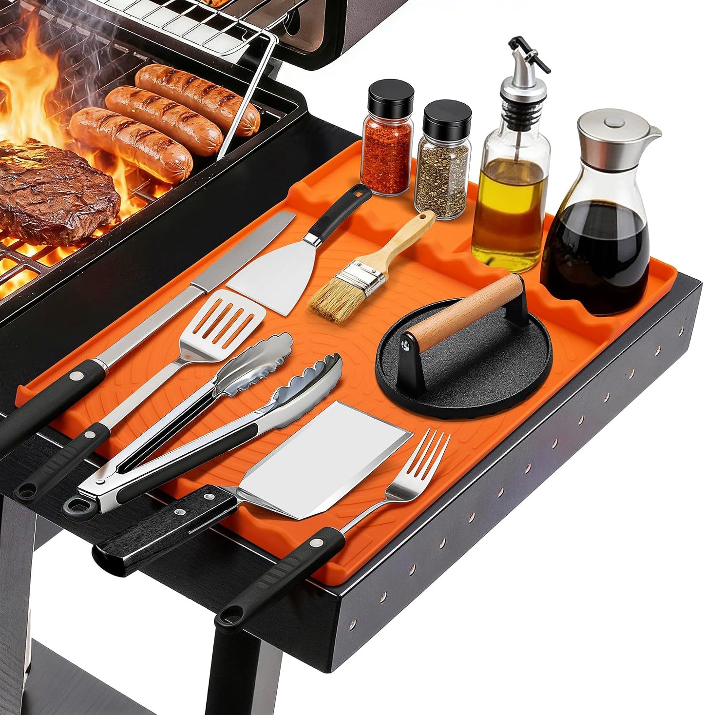Silicone Grill Mat for Blackstone - BBQ Griddle Tools Side Mat with Drip Pad, Griddle Tools Mat for Outdoor Kitchen Countertop, BBQ Grill Accessories Gifts for Men (Orange)