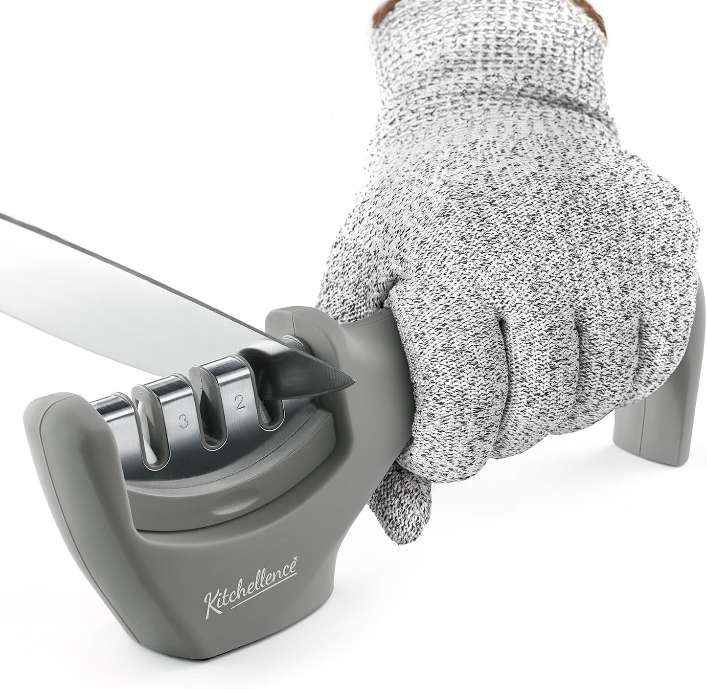4-in-1 Kitchen Knife Accessories: 3-Stage Knife Sharpener Helps Repair, Restore, Polish Blades and Cut-Resistant Glove (Black)