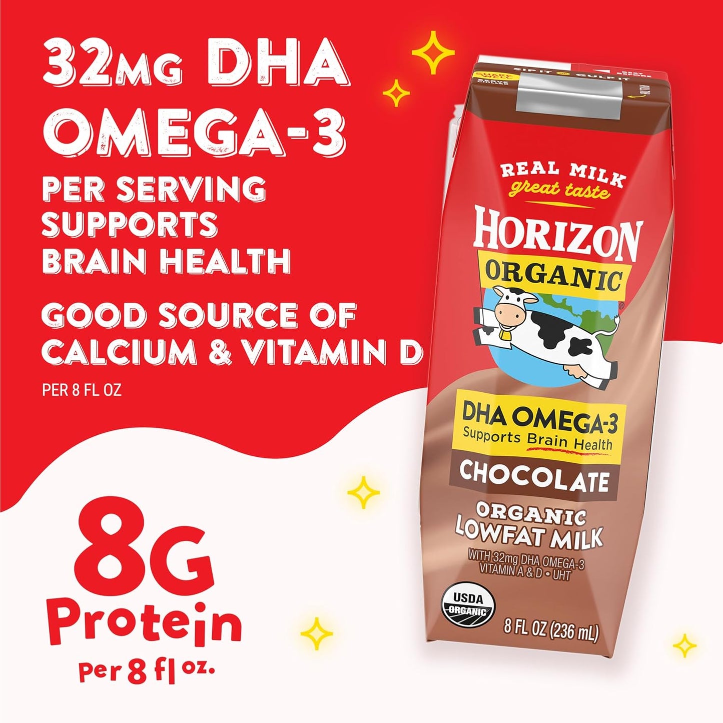 Horizon Organic Shelf Stable 1% Lowfat DHA Omega-3 Chocolate Milk Boxes, Pack of 12 - 8g Protein per Serving
