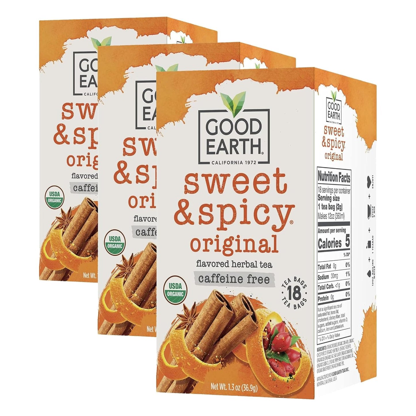 Organic Sweet & Spicy Herbal Caffeine Free Good Earth Teas 18 Tea Bags