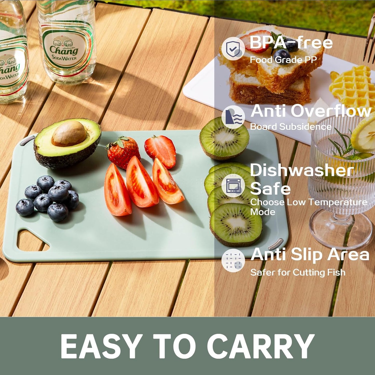 THETCHRY Plastic Cutting Board Set of 3-Cutting Boards for Kitchen BPA Free | Large-Small Chopping Boards, Non-Slip for Cooking, Dishwasher Safe, Camping, Portable, with Grip Handle, Sage Green