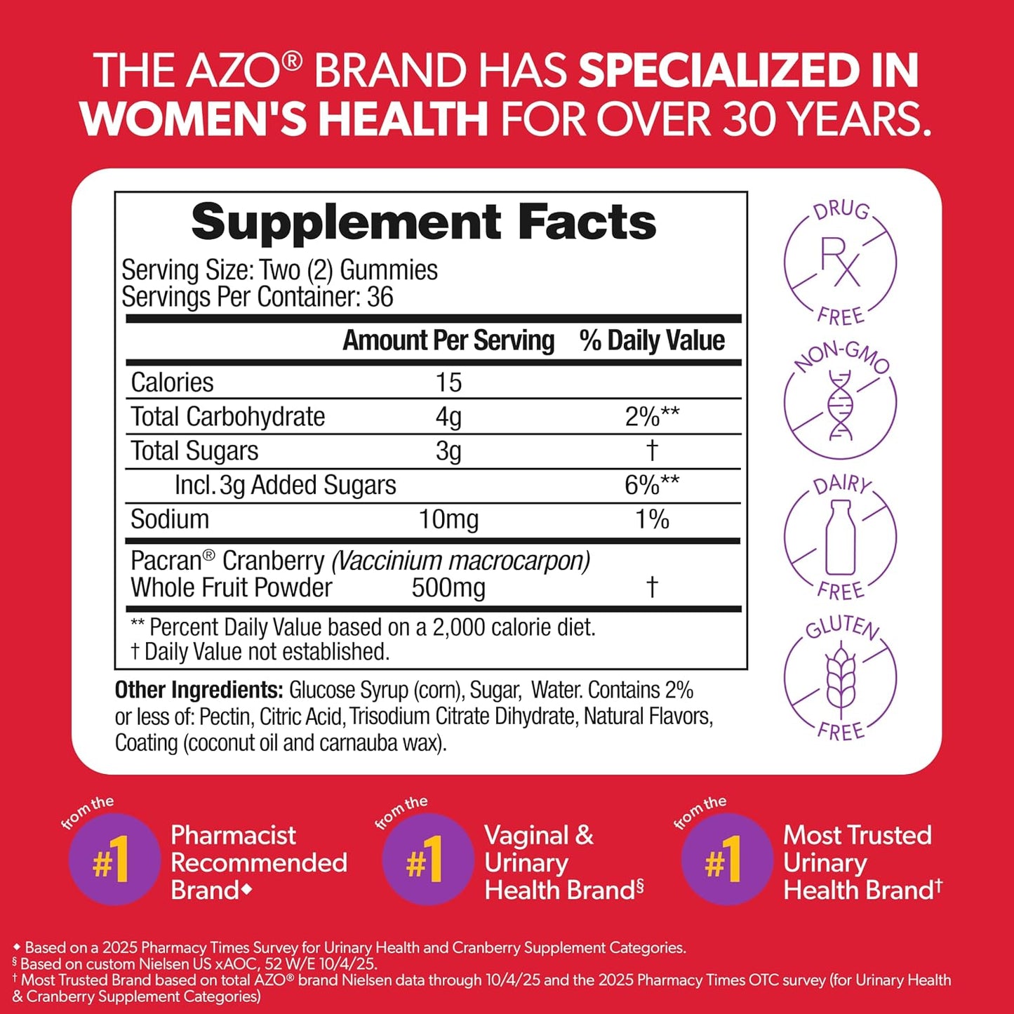 AZO Cranberry Urinary Tract Health Gummies Dietary Supplement, 2 Gummies = 1 Glass of Cranberry Juice, Helps Cleanse & Protect, Natural Berrylicious Flavor, Non-GMO, 72 Gummies