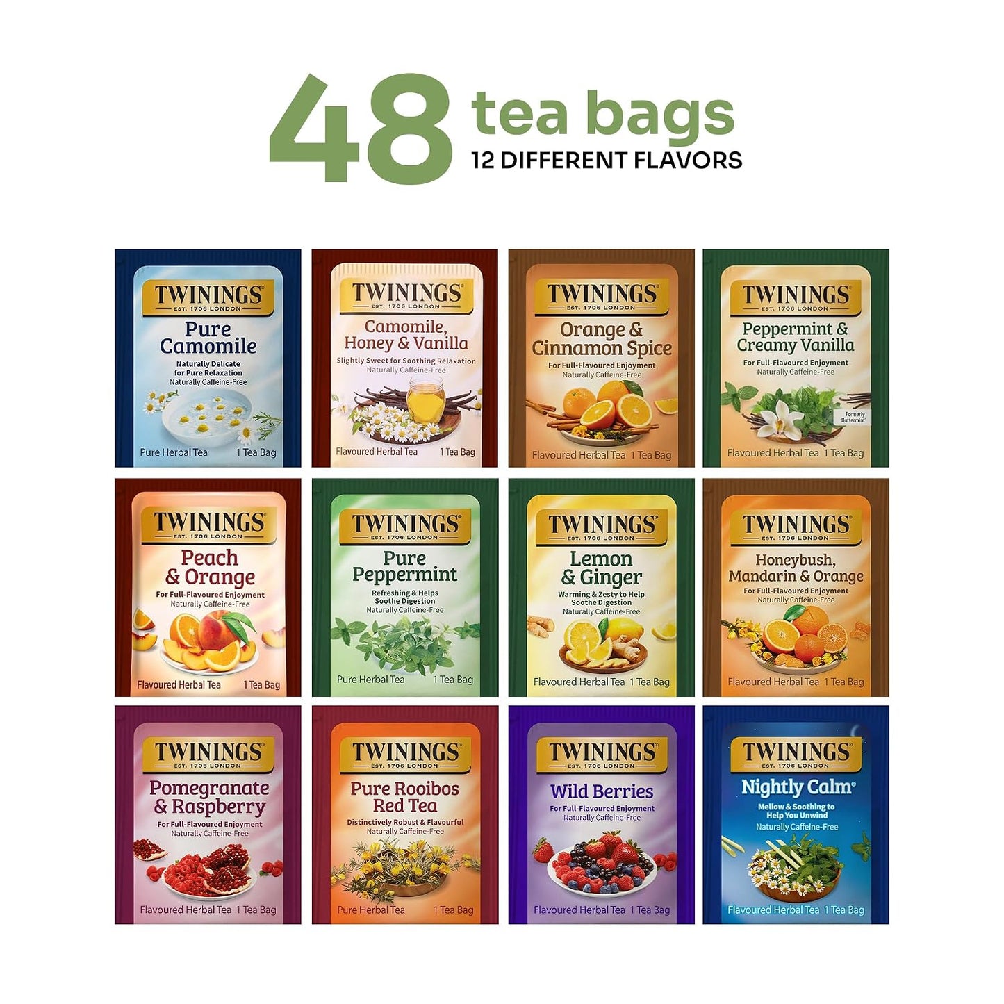 Twinings 48 Tea Bags Herbal Variety Pack, 12 Flavors, Caffeine-Free, Individually Wrapped