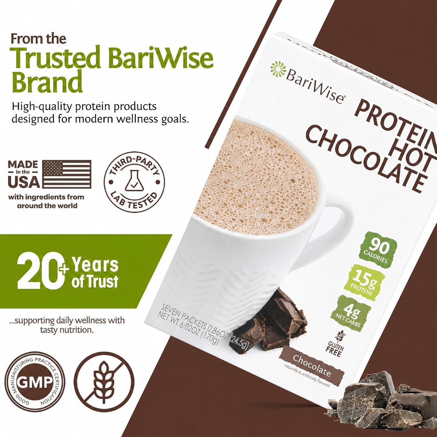 BariWise Protein Hot Chocolate, Hot Cocoa, Low Sugar, Low Carb, Keto Friendly & Gluten Free (7ct)